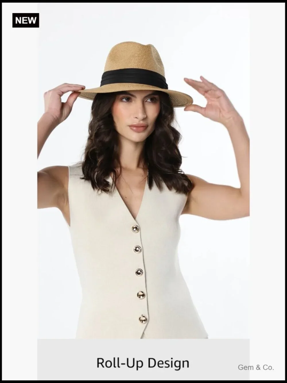 Wide Brim Straw Panama Roll up Hat Fedora Beach Sun Hat UPF50+